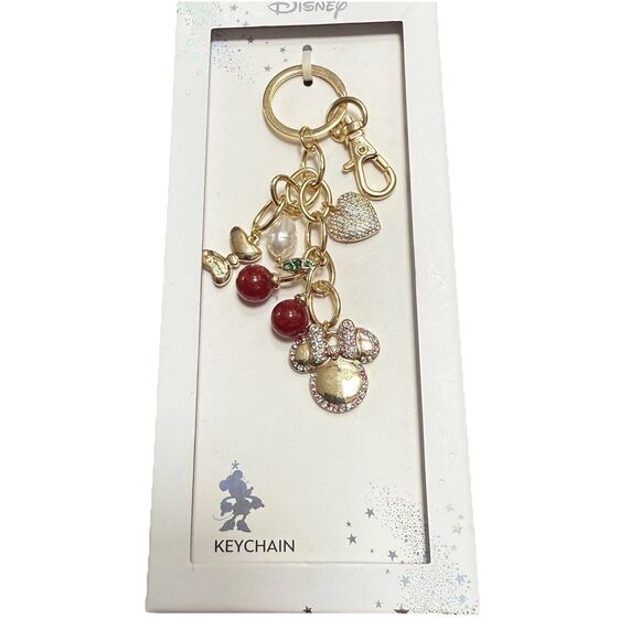 DISNEY Minnie Mouse Bag Charm Keychain Gold Tone Colored rhinestone Cherries New - Picture 1 of 5